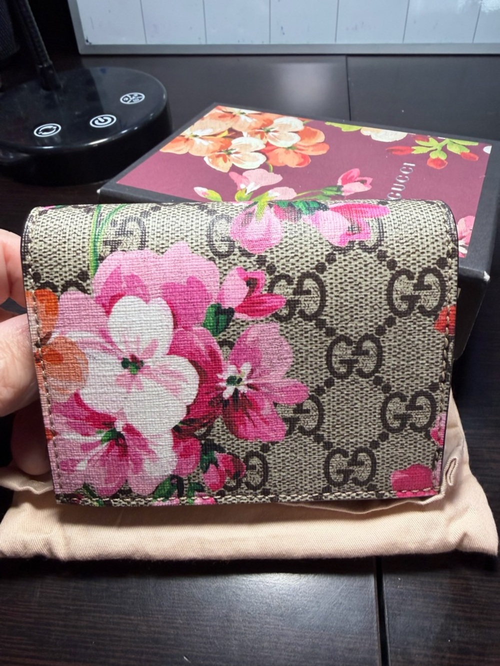 Gucci Beige Monogram Wallet with Pink Floral Print